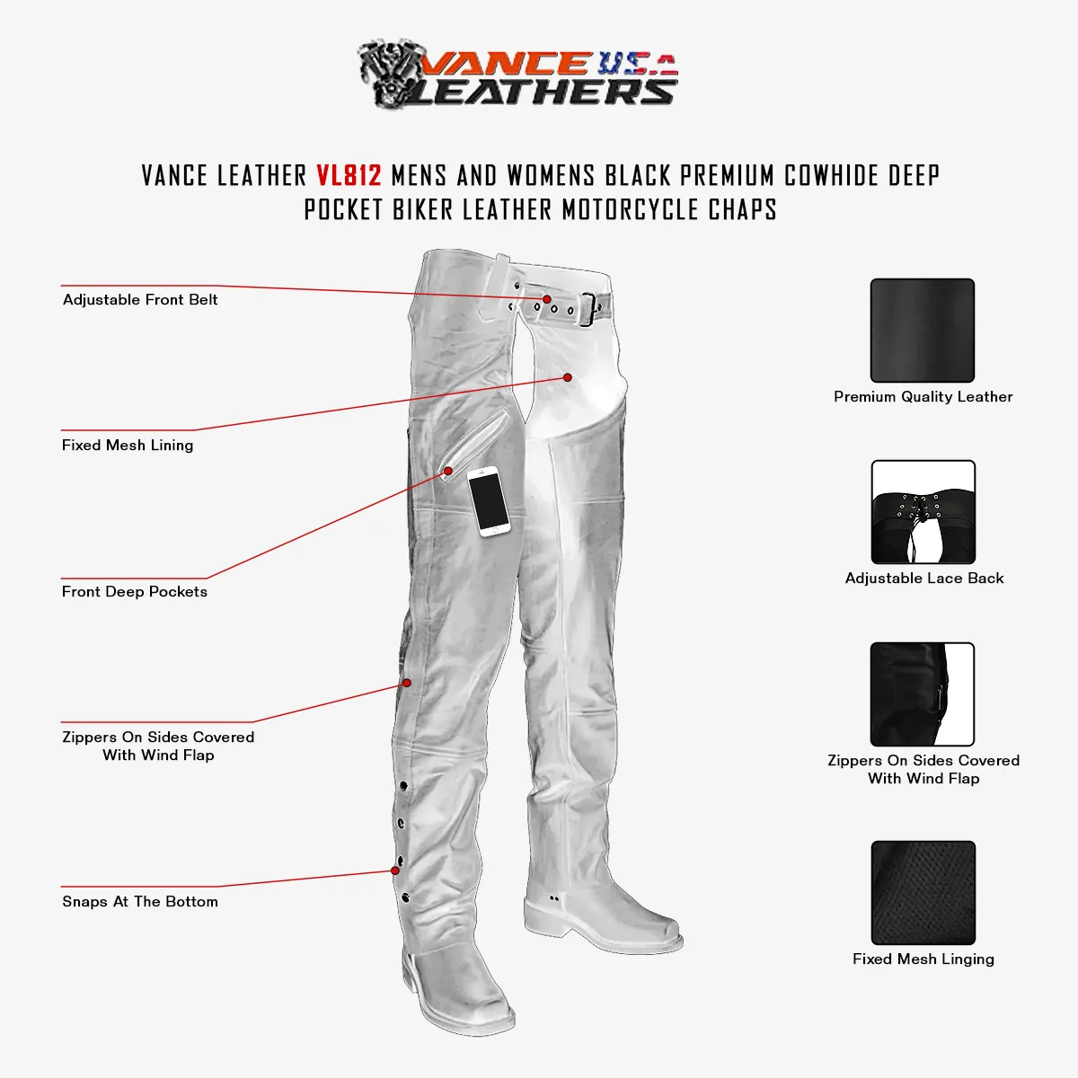 VL812 Premium Cowhide Deep Pocket Leather Chaps