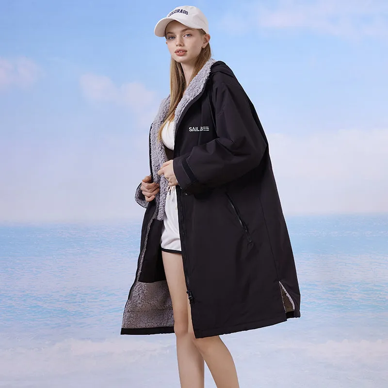 Waterproof Surf Changing Robe Outdoor Coat Lamb Wool Jacket Hooded Cloak Beach Surfing Pool Lining Anorak Raincoat Unisex Bath T