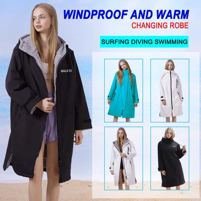 Waterproof Surf Changing Robe Outdoor Coat Lamb Wool Jacket Hooded Cloak Beach Surfing Pool Lining Anorak Raincoat Unisex Bath T