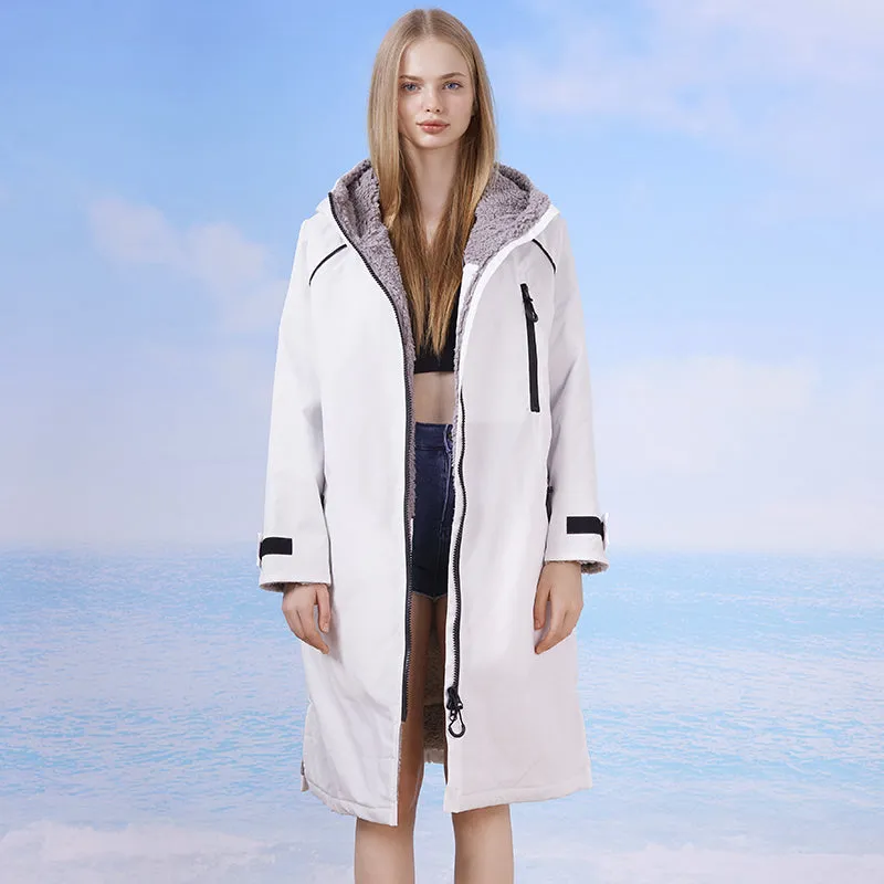 Waterproof Surf Changing Robe Outdoor Coat Lamb Wool Jacket Hooded Cloak Beach Surfing Pool Lining Anorak Raincoat Unisex Bath T