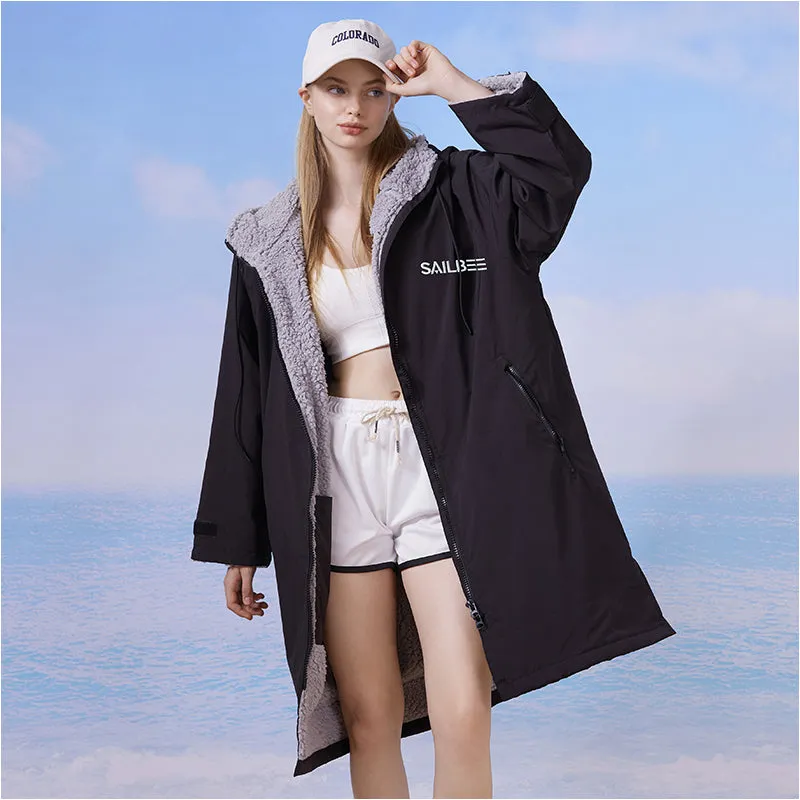 Waterproof Surf Changing Robe Outdoor Coat Lamb Wool Jacket Hooded Cloak Beach Surfing Pool Lining Anorak Raincoat Unisex Bath T