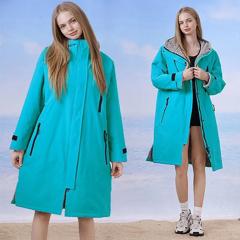 Waterproof Surf Changing Robe Outdoor Coat Lamb Wool Jacket Hooded Cloak Beach Surfing Pool Lining Anorak Raincoat Unisex Bath T