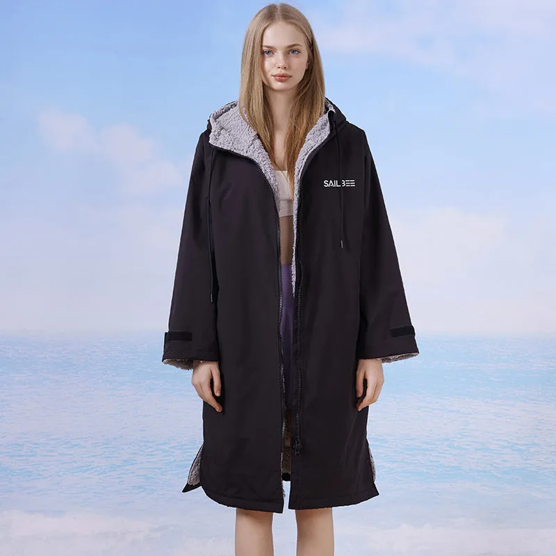 Waterproof Surf Changing Robe Outdoor Coat Lamb Wool Jacket Hooded Cloak Beach Surfing Pool Lining Anorak Raincoat Unisex Bath T