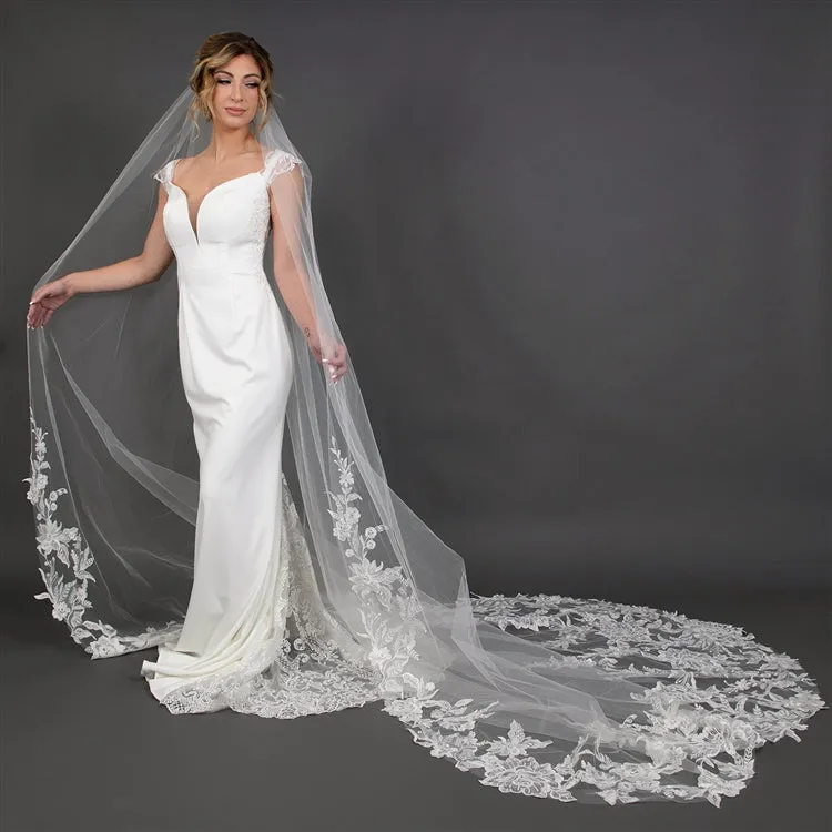 Wide Crystal & Sequin Lace Appliqué Cathedral Veil