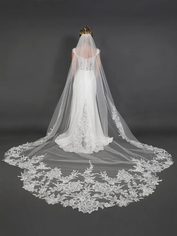 Wide Crystal & Sequin Lace Appliqué Cathedral Veil