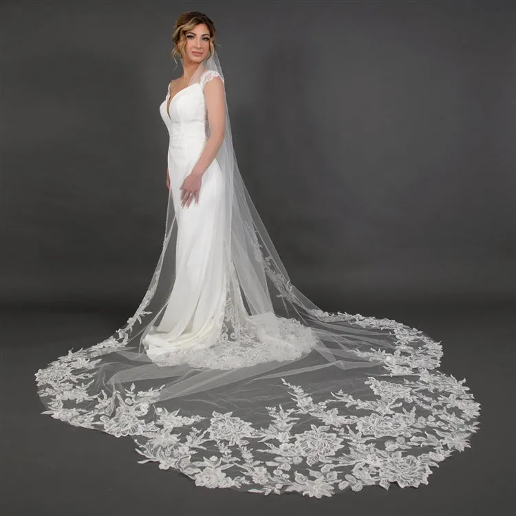 Wide Crystal & Sequin Lace Appliqué Cathedral Veil