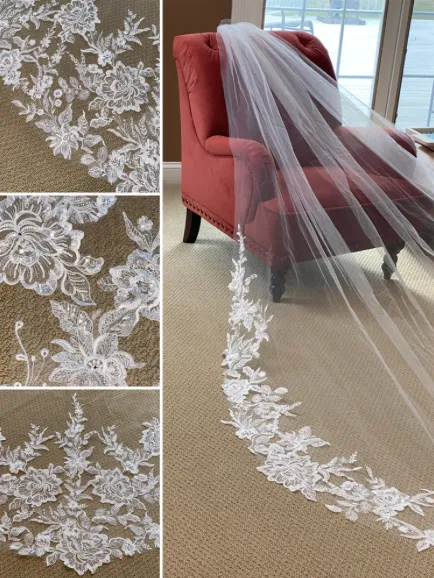 Wide Crystal & Sequin Lace Appliqué Cathedral Veil