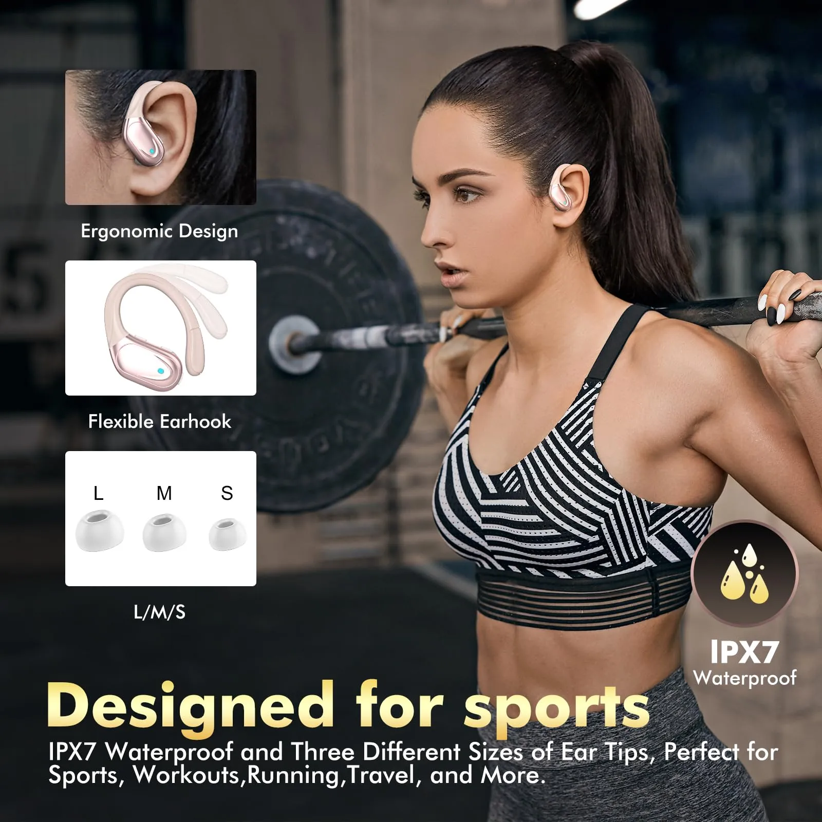 Wireless Earbuds, Sports Bluetooth Headphones, Ear Buds with 80hr Playtime, Noise Canceling, LED Power Display, IPX7 Waterproof Earphones for Workout/Running Black