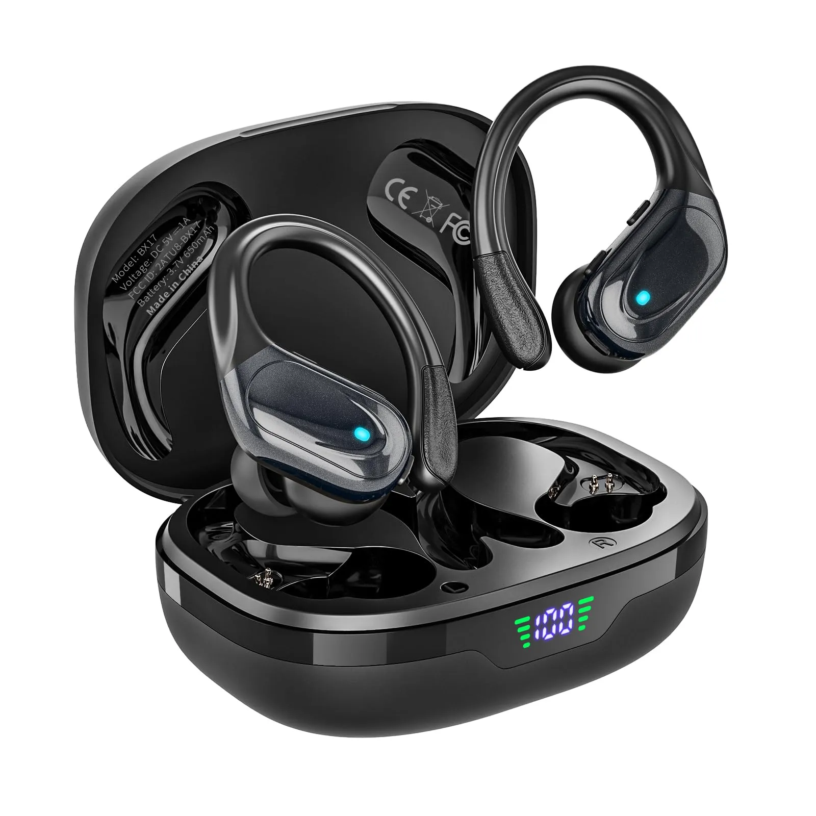 Wireless Earbuds, Sports Bluetooth Headphones, Ear Buds with 80hr Playtime, Noise Canceling, LED Power Display, IPX7 Waterproof Earphones for Workout/Running Black