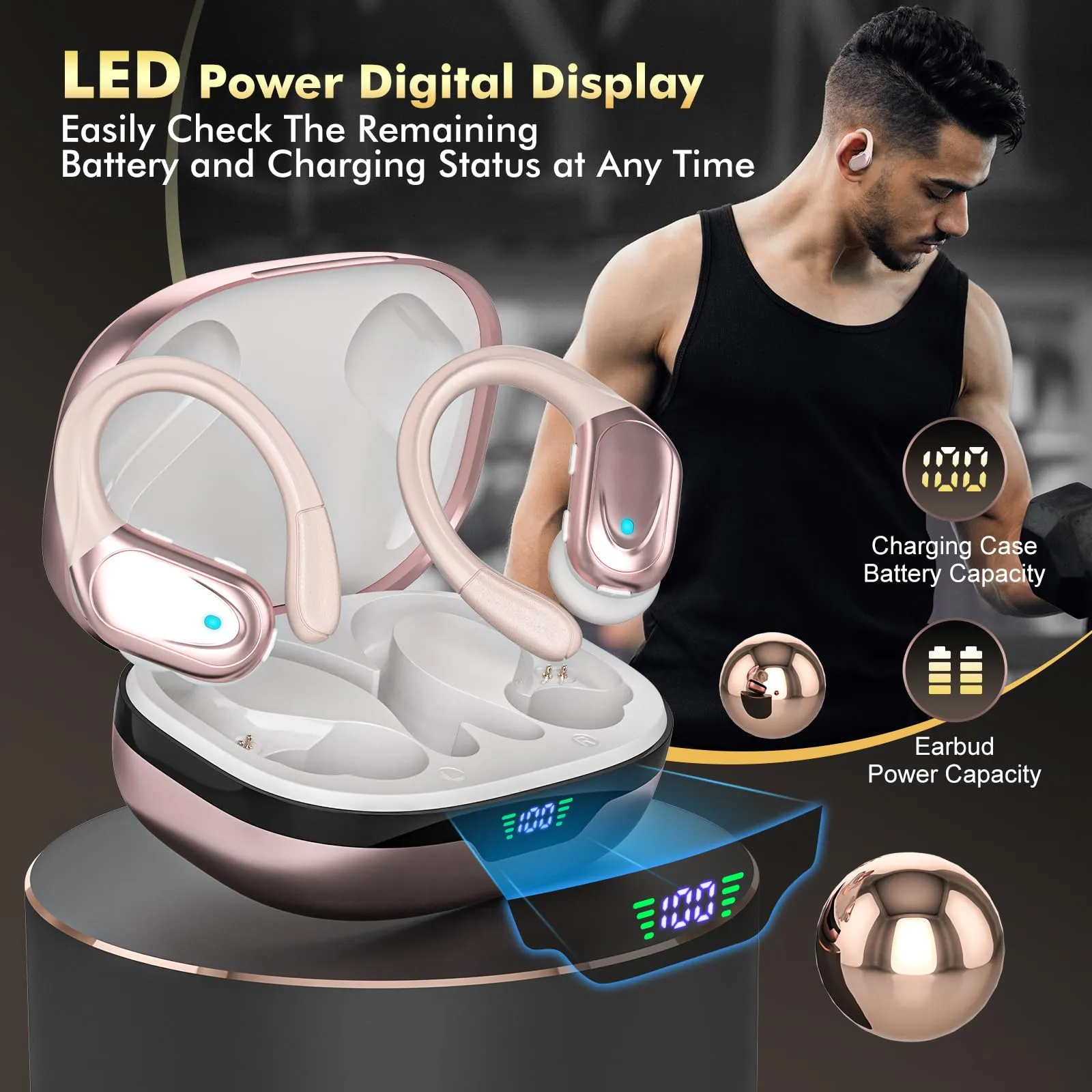 Wireless Earbuds, Sports Bluetooth Headphones, Ear Buds with 80hr Playtime, Noise Canceling, LED Power Display, IPX7 Waterproof Earphones for Workout/Running Black