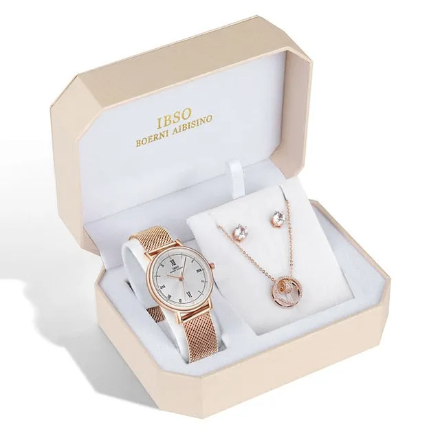 Women Rose Gold Watch Earring Necklace  Female Jewelry Set