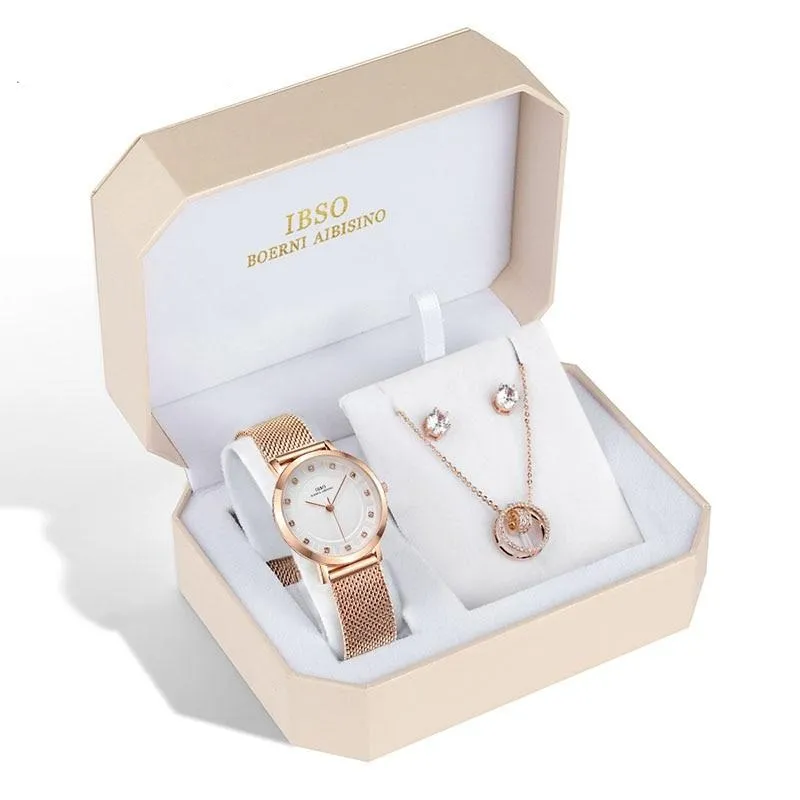Women Rose Gold Watch Earring Necklace  Female Jewelry Set