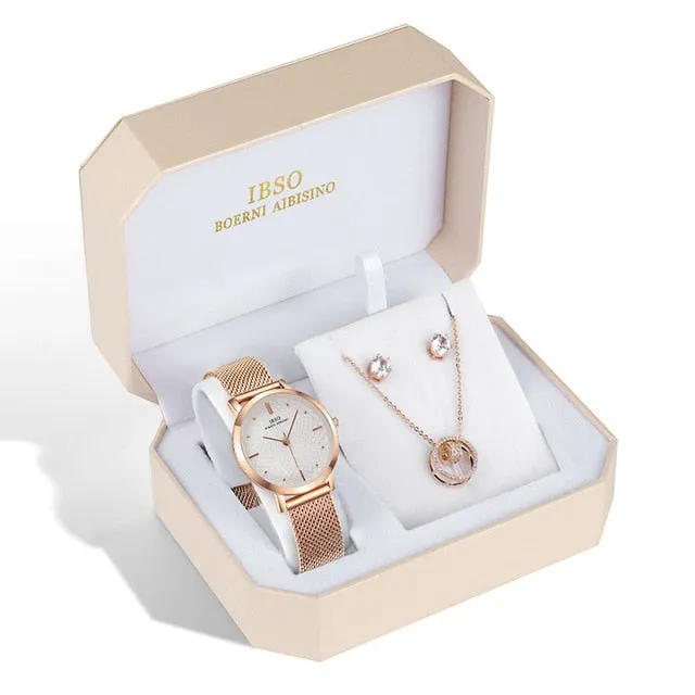 Women Rose Gold Watch Earring Necklace  Female Jewelry Set