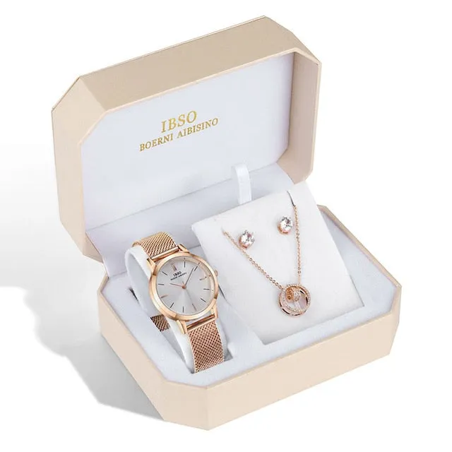Women Rose Gold Watch Earring Necklace  Female Jewelry Set