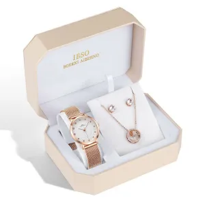 Women Rose Gold Watch Earring Necklace  Female Jewelry Set
