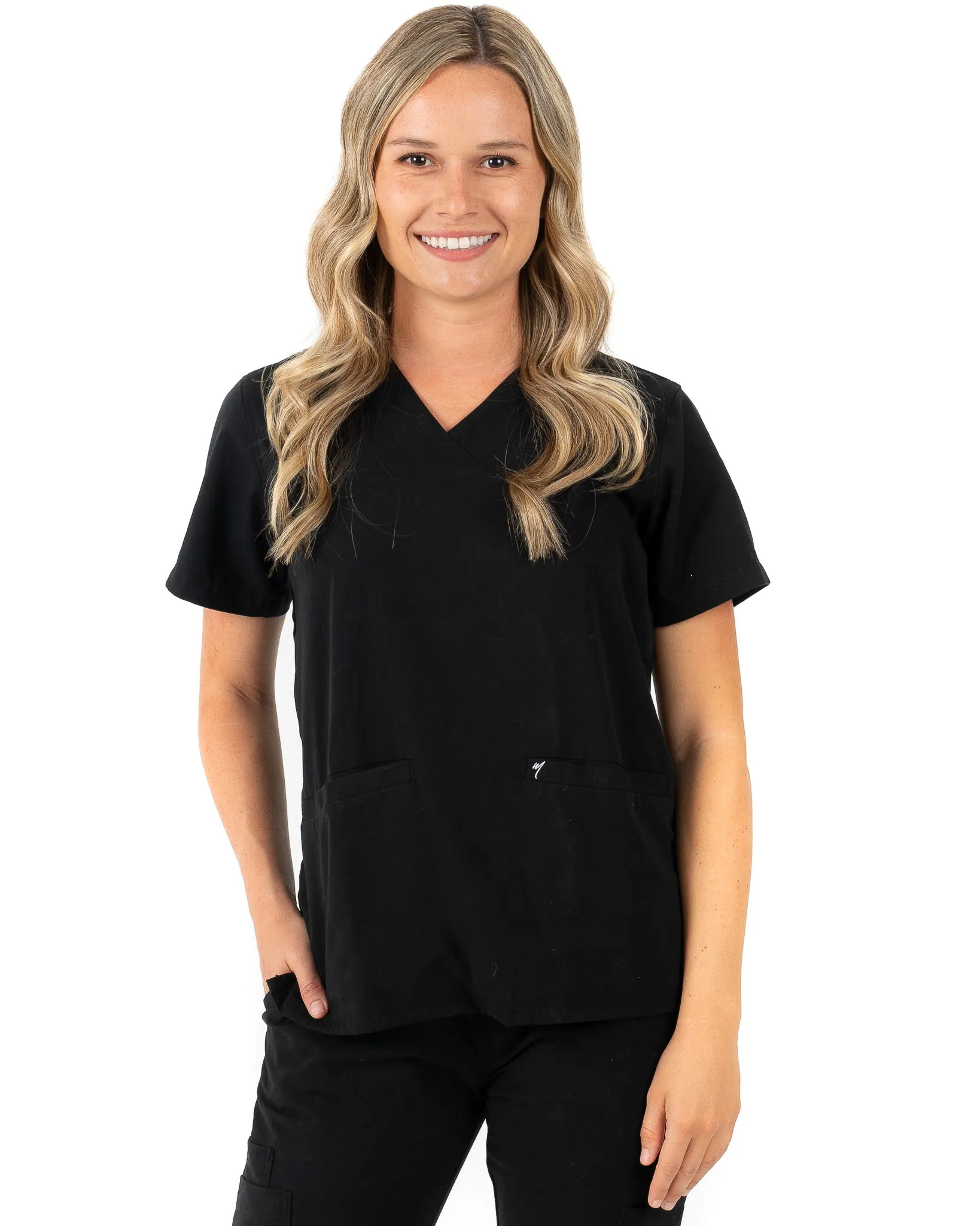 Women's 2 Pocket Black Scrub Top - Amber