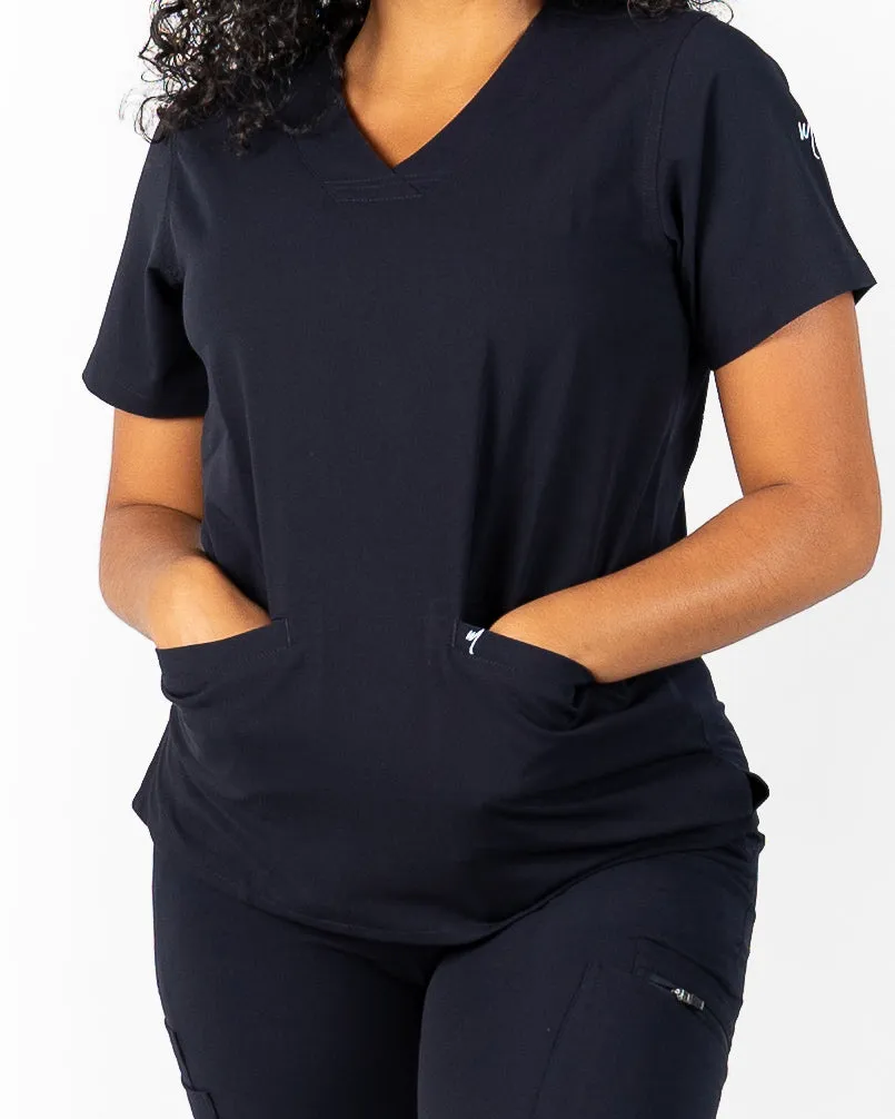 Women's 2 Pocket Dark Navy Blue Scrub Top - Amber