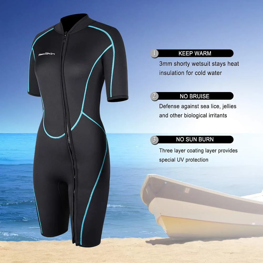 Womens 3mm Shorty Wetsuit, Premium Neoprene Front Zip Short Sleeve Diving Wetsuit Snorkeling Surfing (Women Black, L)