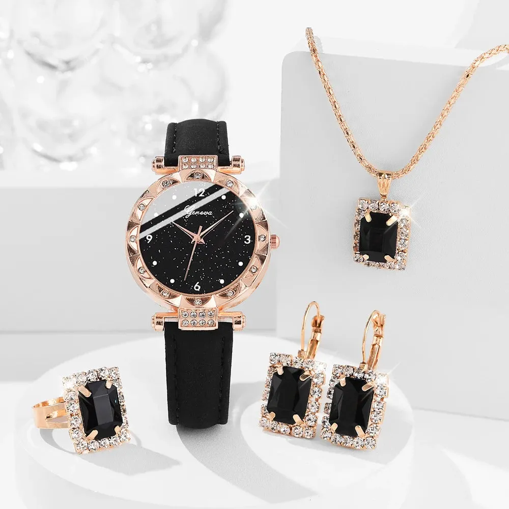 Women's 5-Piece Rhinestone Quartz Wristwatch Bracelet