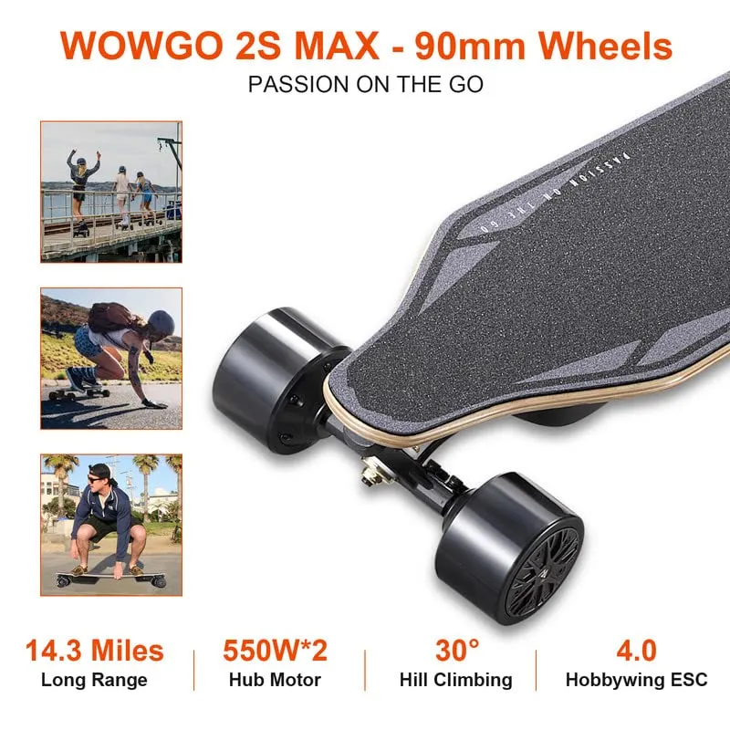 WOWGO Electric Skateboard with Top Speed 29MPH Dual 550W Motors E Longboard for Beginners Adults Commute Trip, 90mm Wheels Skateboards with 14.3 Miles Long Range Max Load 330 LBS-2S MAX