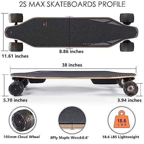 WOWGO Electric Skateboards Longboard with Top Speed 29MPH Dual 550W Motors for Adults Beginners Max Load 330LB, 105mm Honeycomb Wheels E Skate Board with 14.3Mile Long Range for Commute -2S MAX