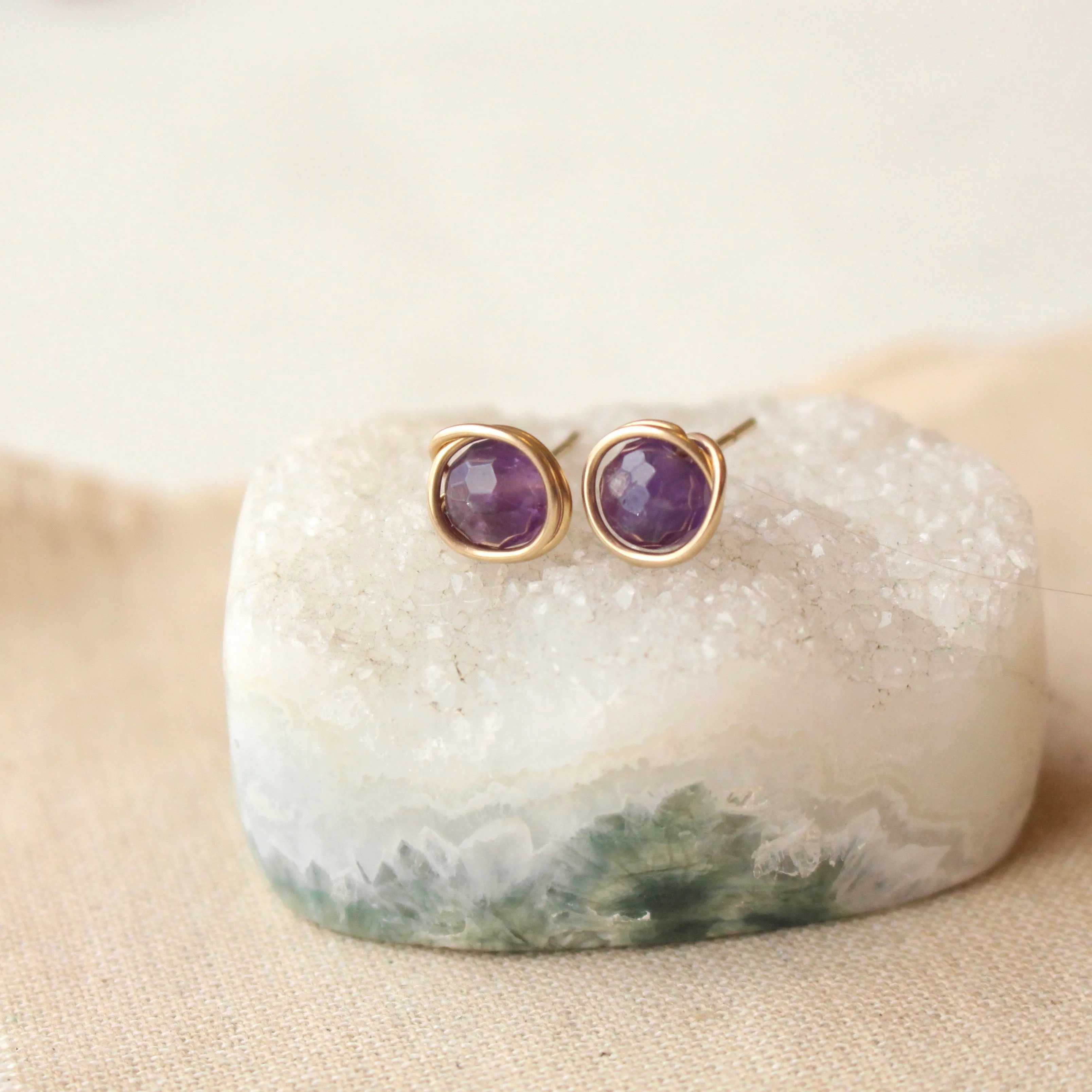 Wrapped Amethyst Gold Post Earrings