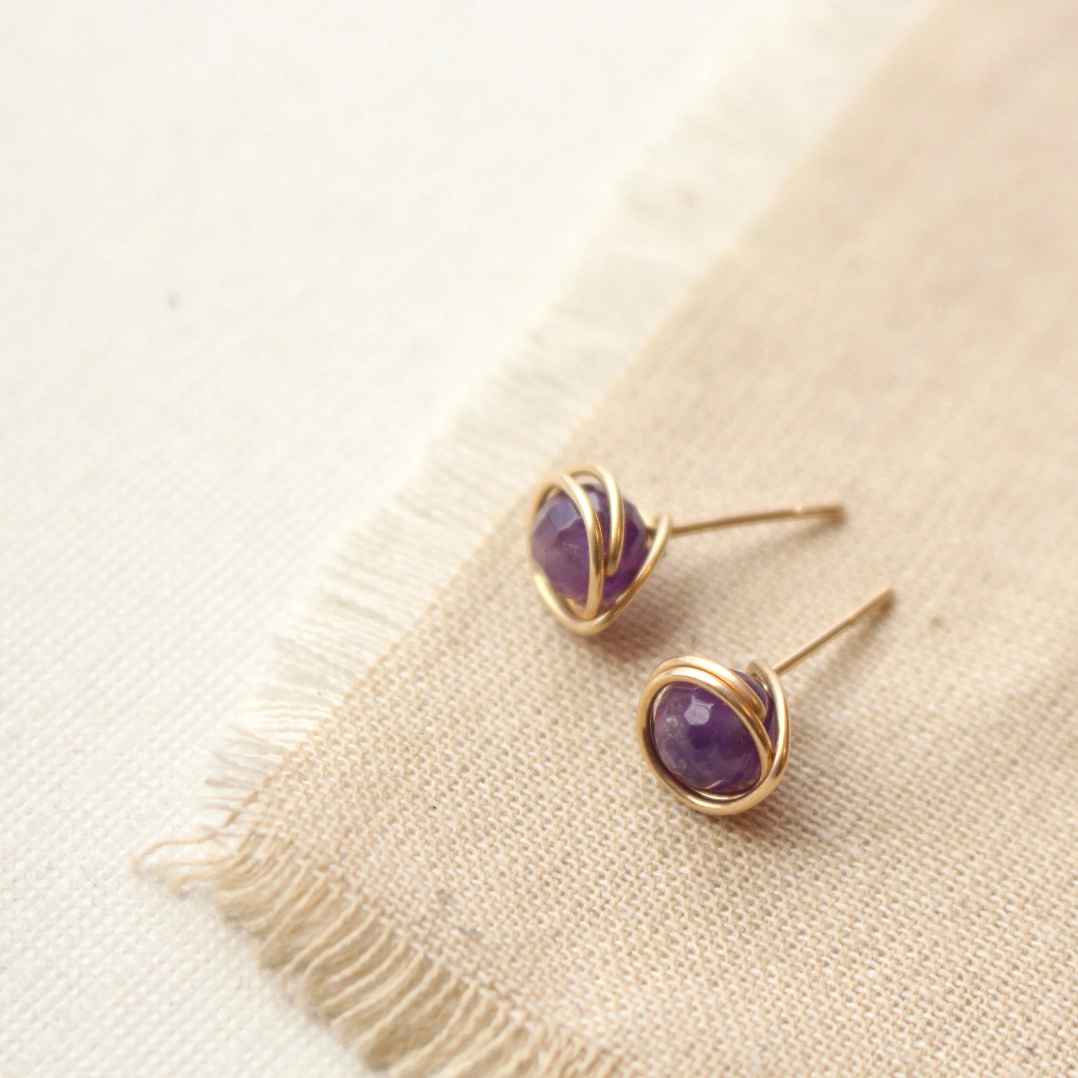 Wrapped Amethyst Gold Post Earrings