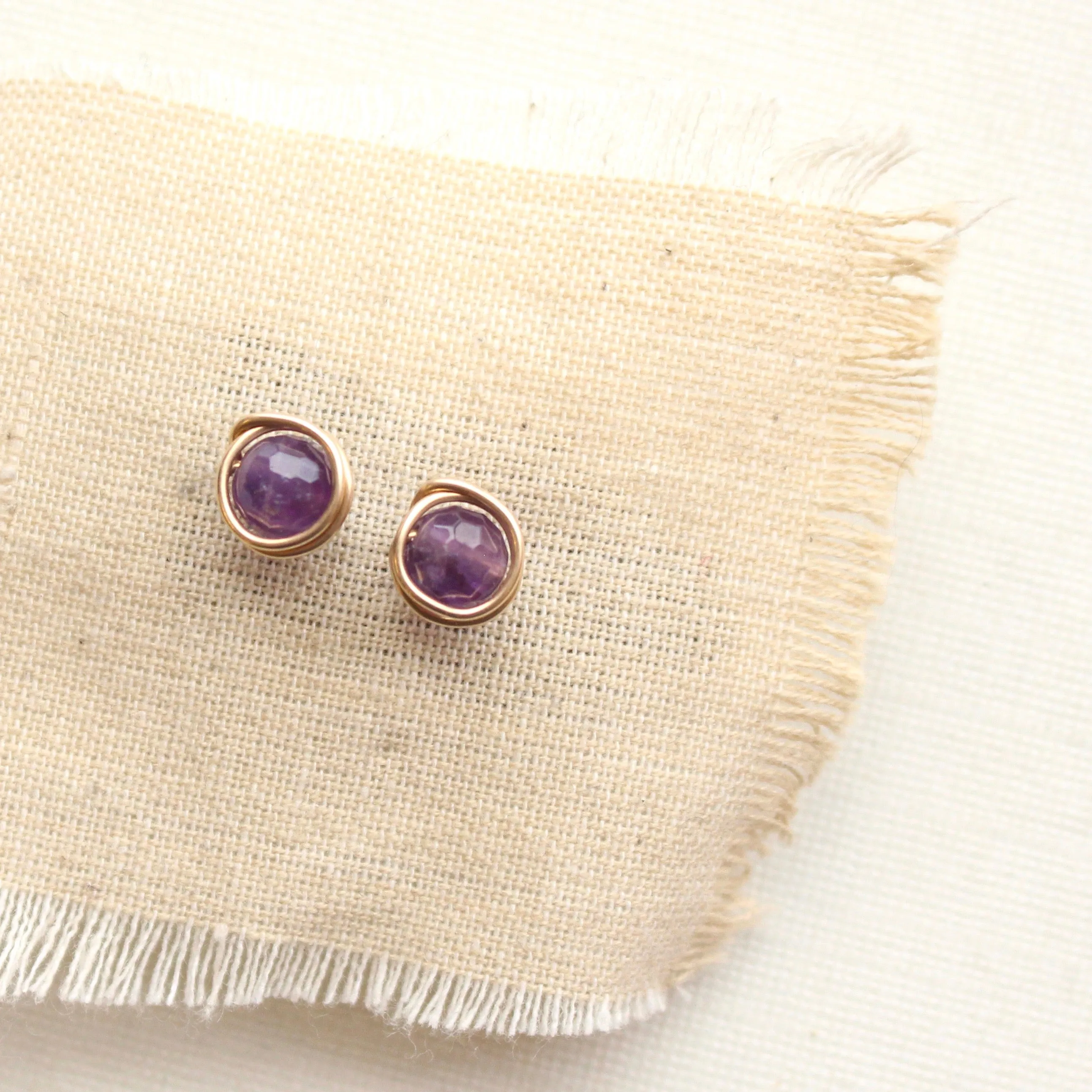 Wrapped Amethyst Gold Post Earrings
