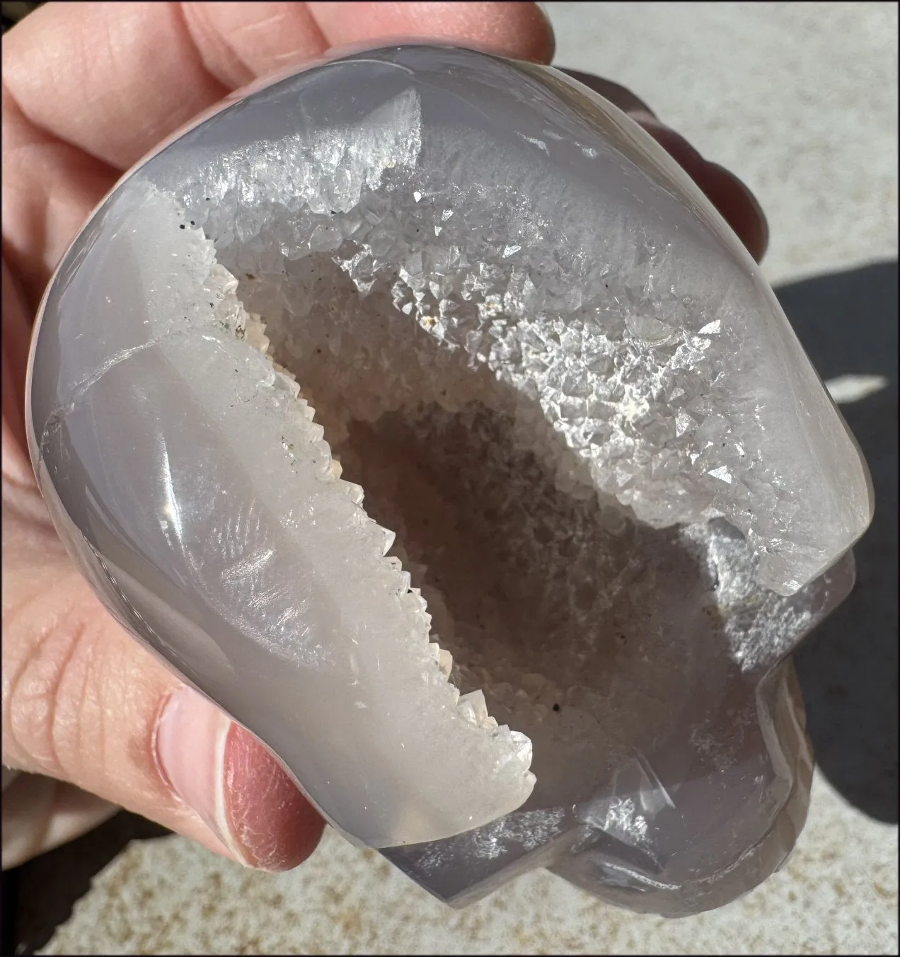 XL Agate GEODE Crystal Skull with large Druzy Lined VUG!